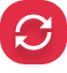 Ícone de atualização e sincronização representado por setas circulares em fundo vermelho, simbolizando renovação ou recarregamento de sistema.
